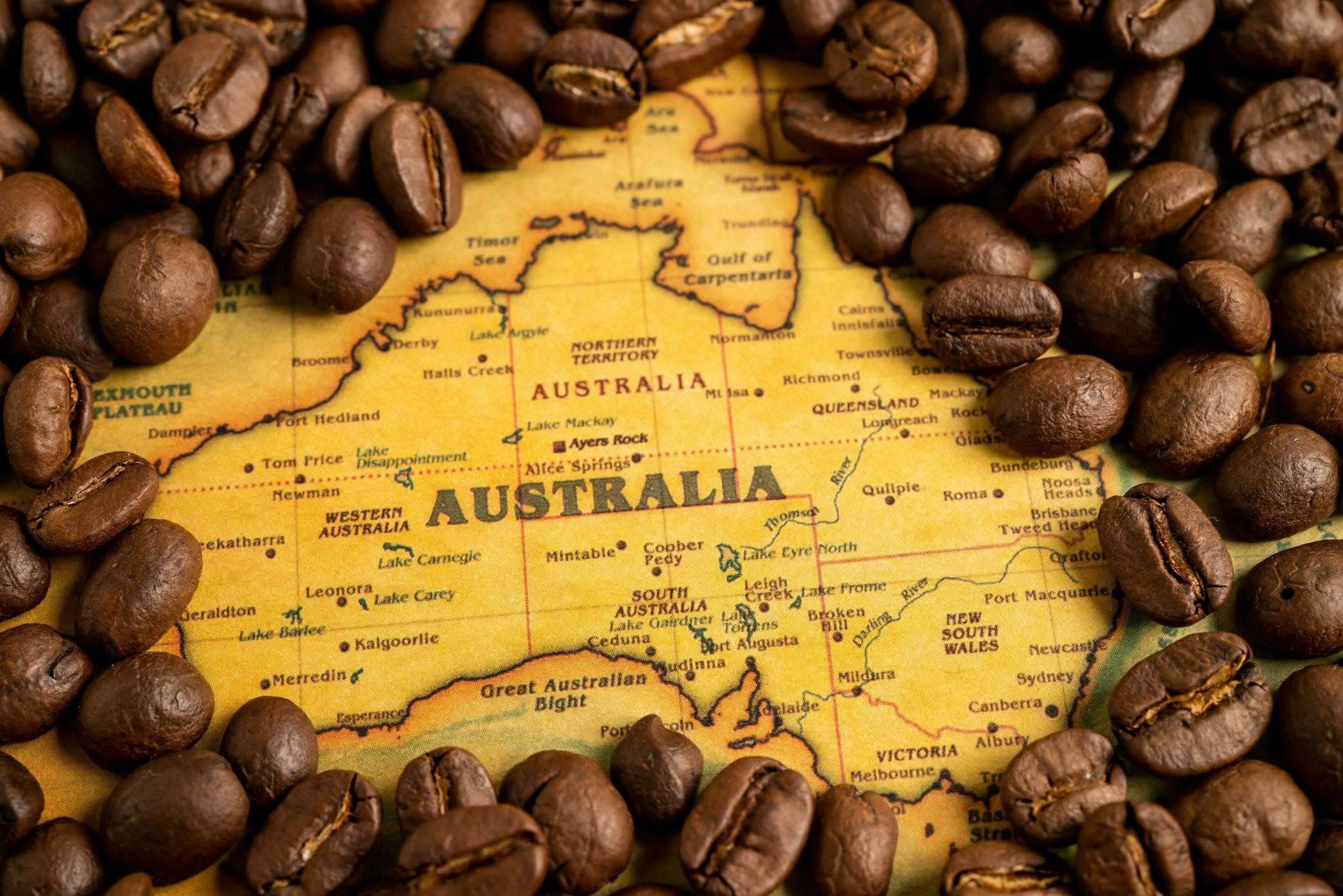 Boabe de cafea pe hartă veche — Australia